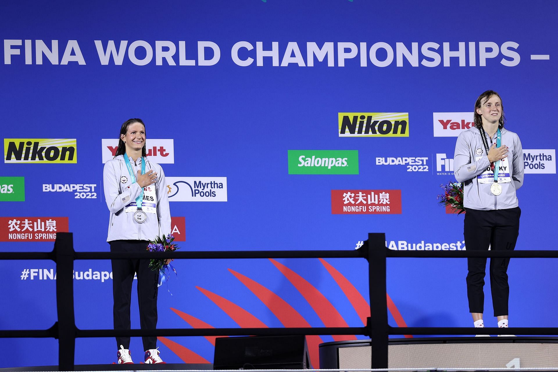 Silver medalist Katie Grimes of Team United States and Gold medalist Katie Ledecky of Team United States pose with their medals during the 2022 FINA World Championships (Photo by Tom Pennington/Getty Images)