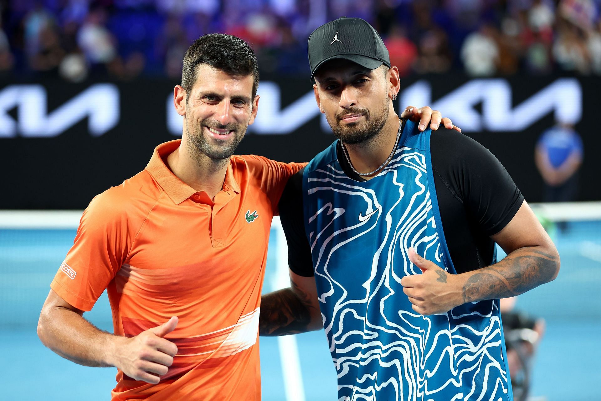 Novak Djokovic and Nick Kyrgios pictured at the 2023 Australian Open practice match.