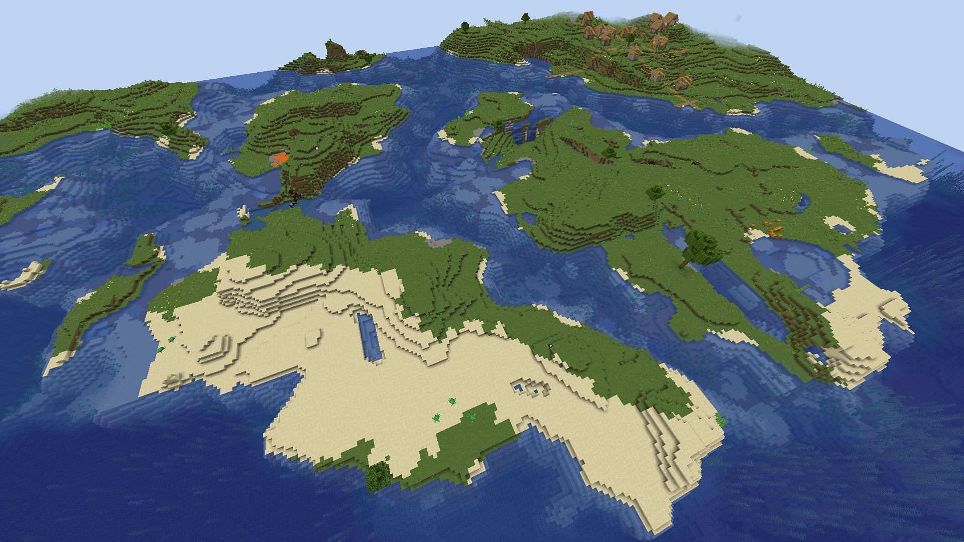 Scattered islands with multiple biomes and even a village in Minecraft (Image via Mojang)