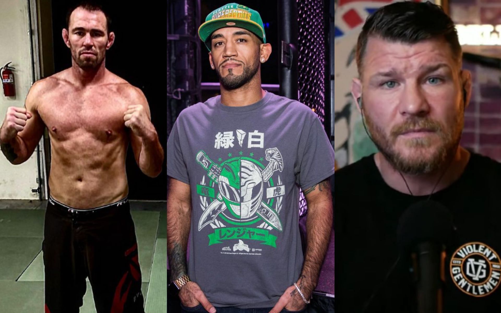Jake Shields (left), Mike Jackson (centre), Michael Bisping (right) [Images courtesy of @shitsandgigglesbrand &amp; @jakeshields on Instagram, Michael Bisping on YouTube]
