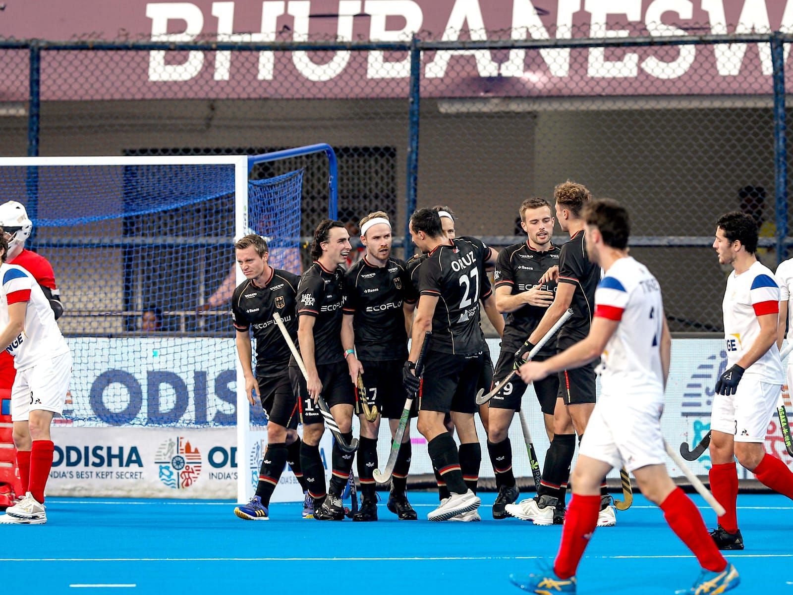 Germany celebrating a goal against France in an earlier match (Image Courtesy: Twitter/Hockey India)