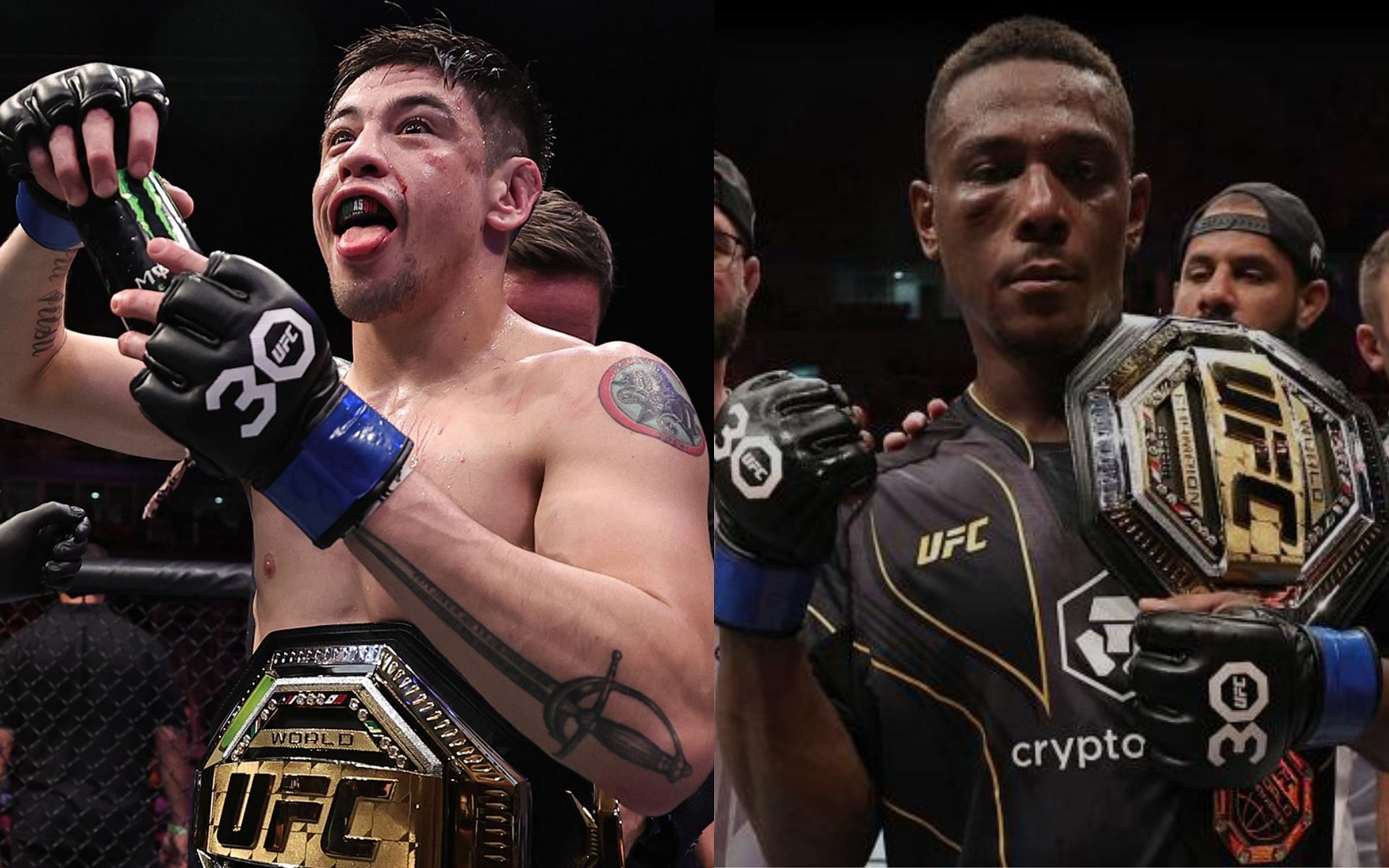 Brandon Moreno (left) and Jamahal Hill (right). [Images courtesy: left image from Twitter @btsportufc and right image from ufc.com]
