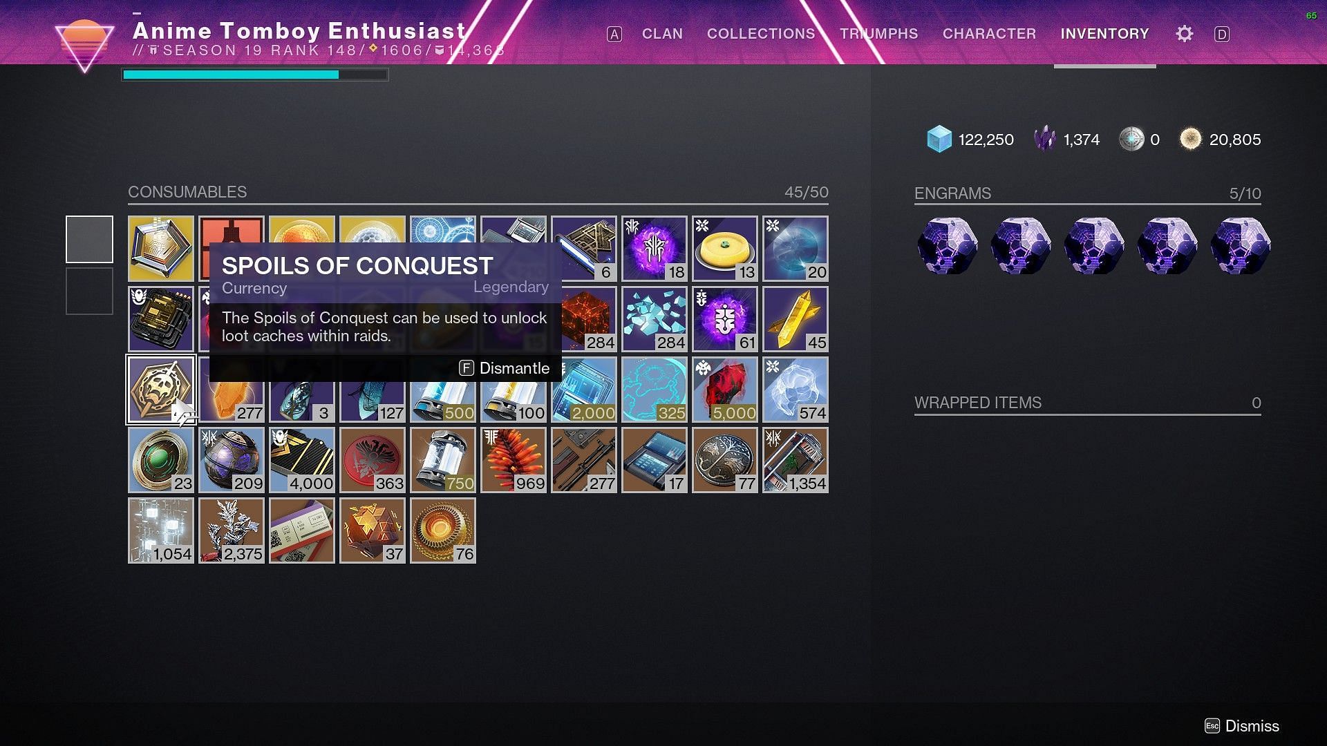 Spoils of Conquest within a player&#039;s inventory (Image via Destiny 2)