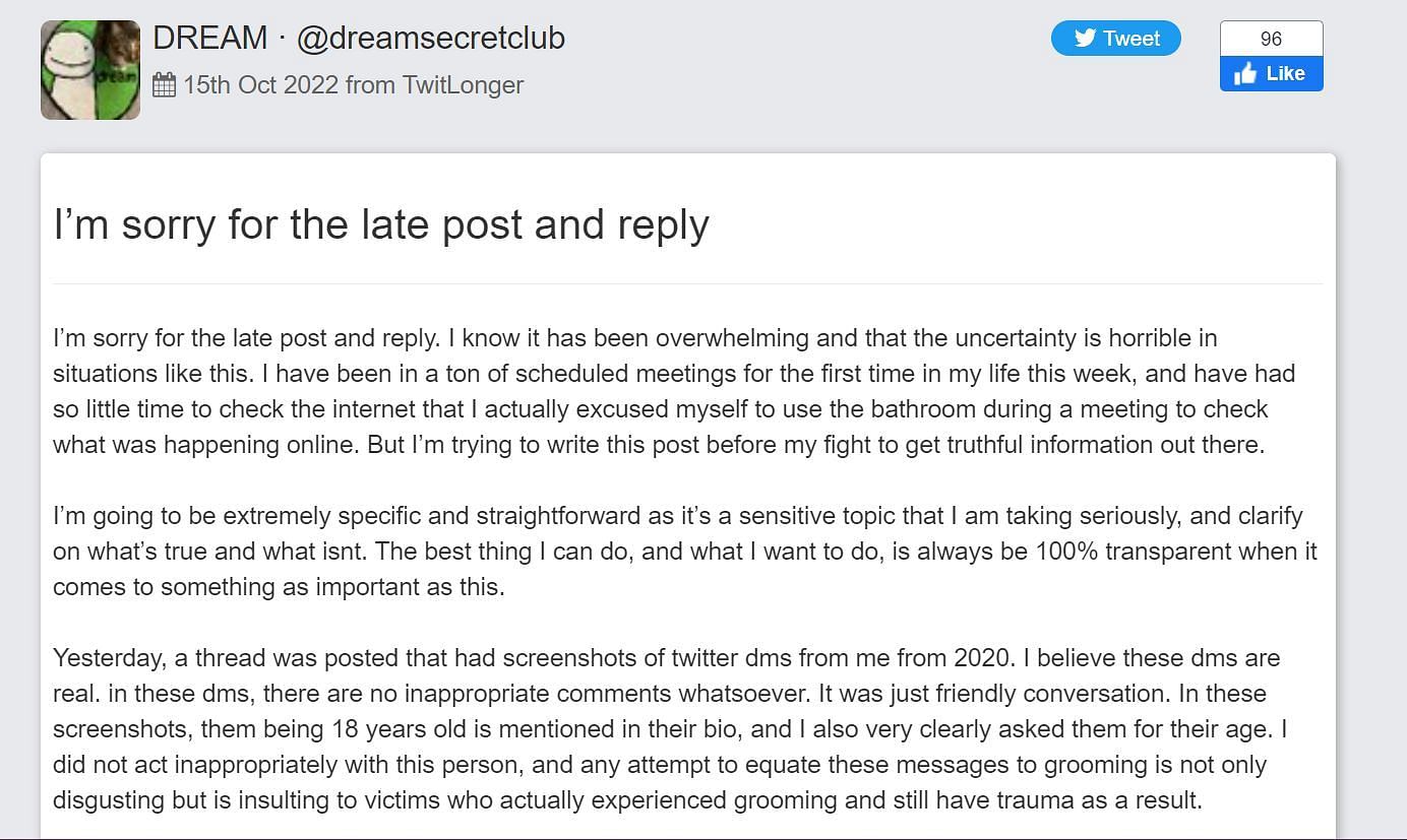 Dream responds to the grooming allegations (Image - Twitlonger)