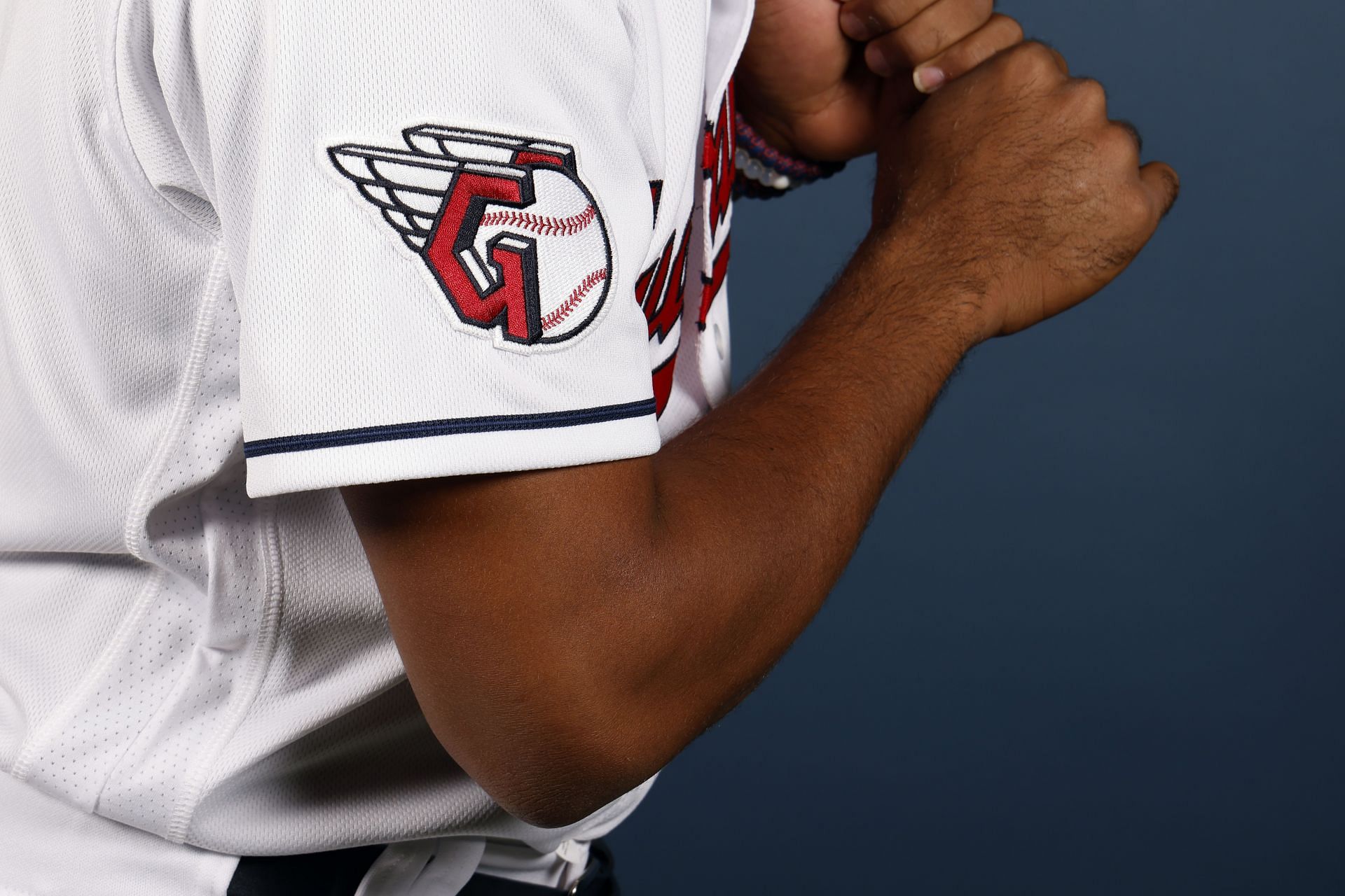 GOODYEAR, ARIZONA - MARCH 22: A detailed view of the jersey logo worn by Jose Tena #75 of the Cleveland Guardians during a photo day at Goodyear Stadium in Goodyear, Arizona on March 22, 2022. Photo by Chris Coduto/Getty Images)