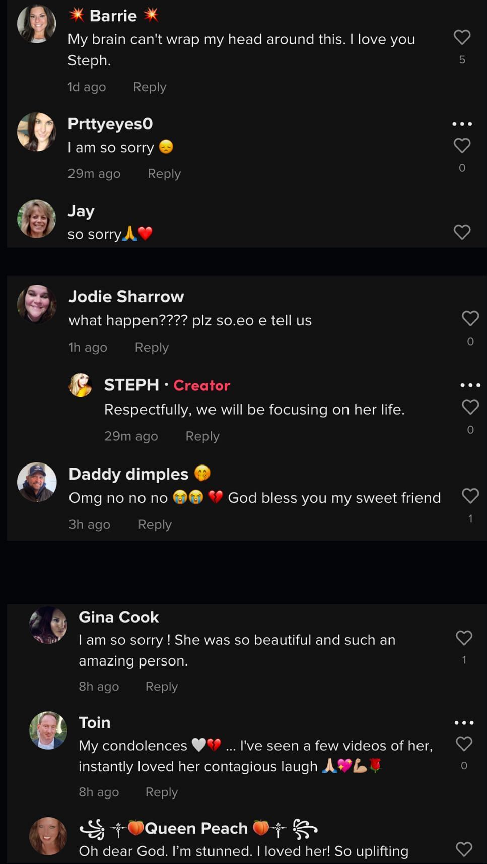 Tributes posted under Steph&#039;s video as she broke the news about the influencer passing away. (Image via TikTok)