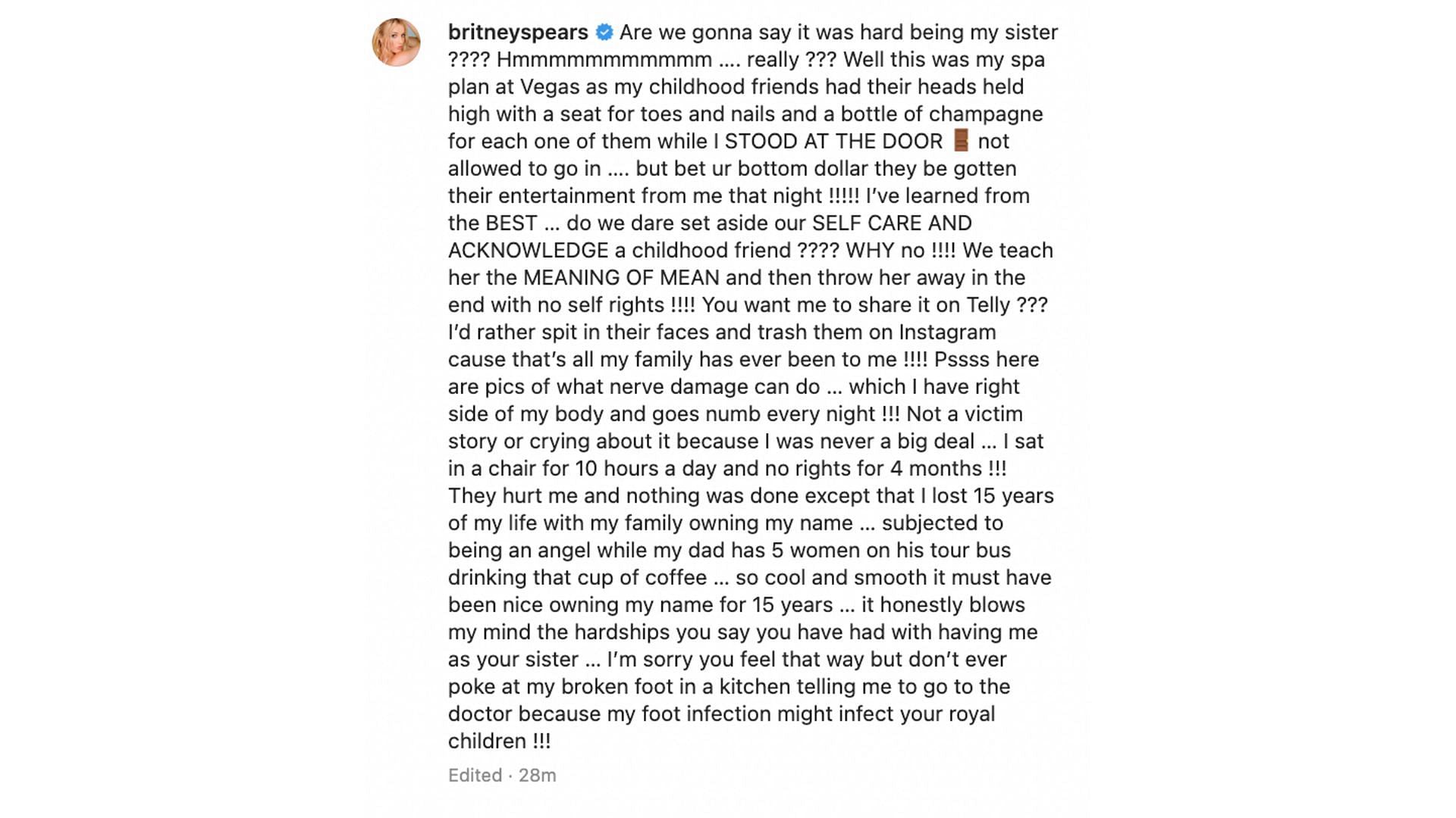 A screencap of the now deleted post (Image via Instagram/Britney Spears)
