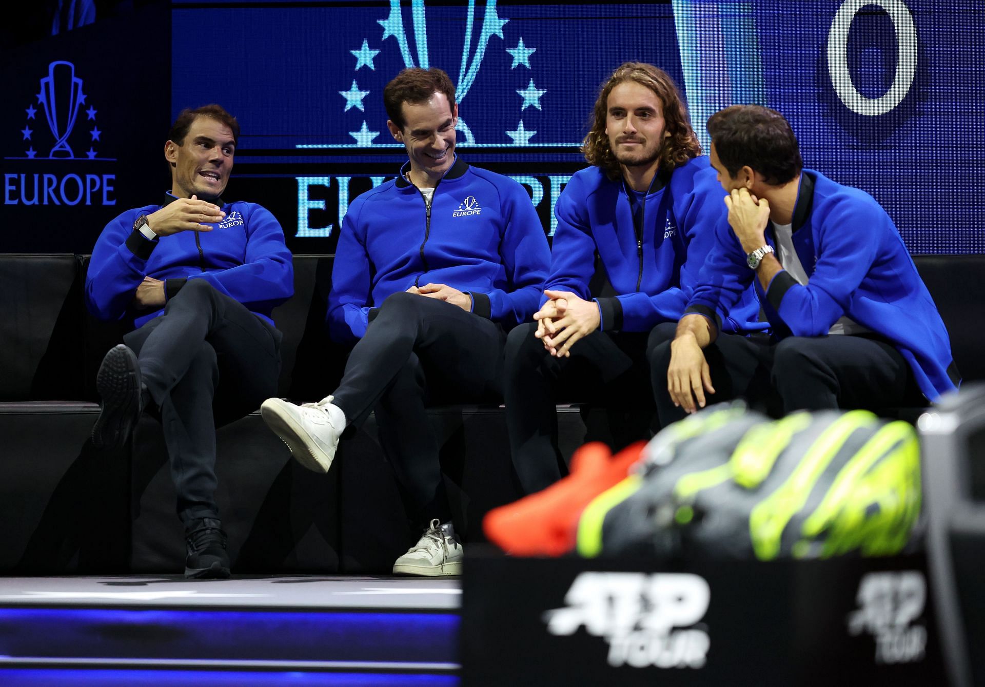 Rafael Nadal, Andy Murray, and Roger Federer with modern-day star Stefanos Tsitsipas at Laver Cup 2022.