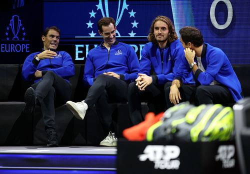 Rafael Nadal, Andy Murray, and Roger Federer with modern-day star Stefanos Tsitsipas at Laver Cup 2022.