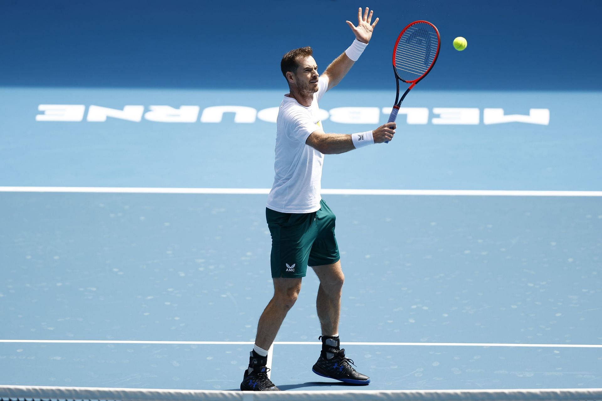 Andy Murray plays a backhand shot during a practice session