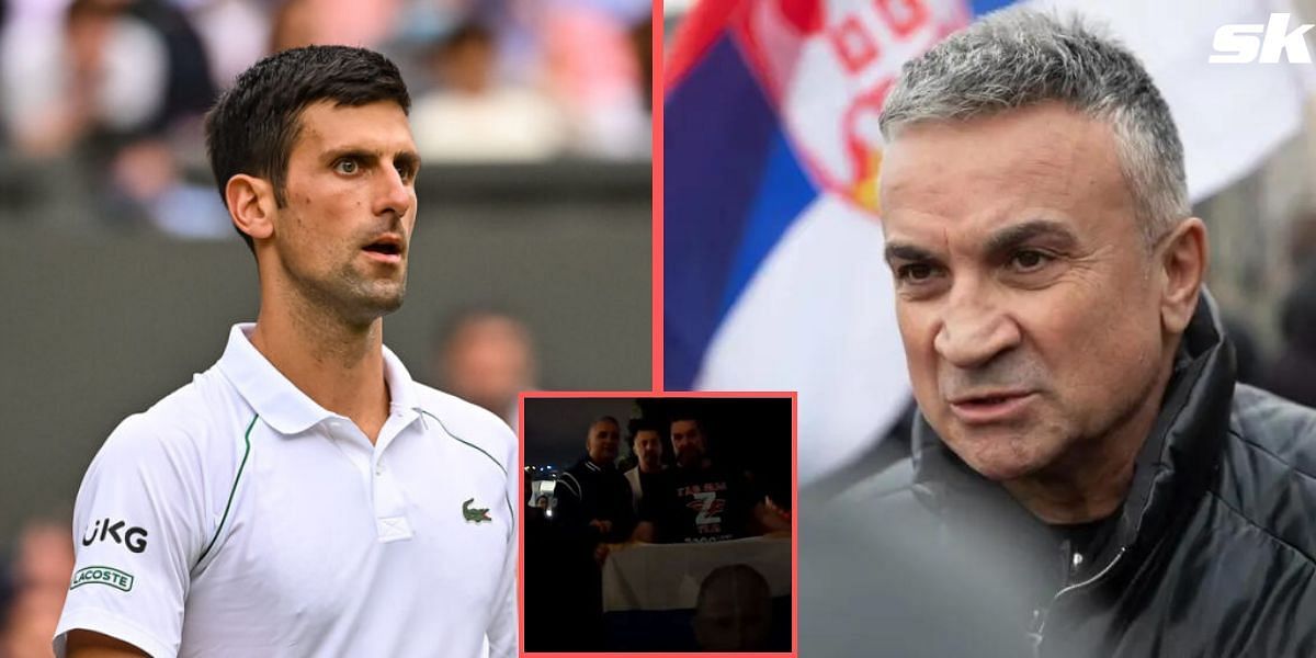 Novak Djokovic (L) and his father Srdjan (R); Srdjan with the Russian supporters (inset)