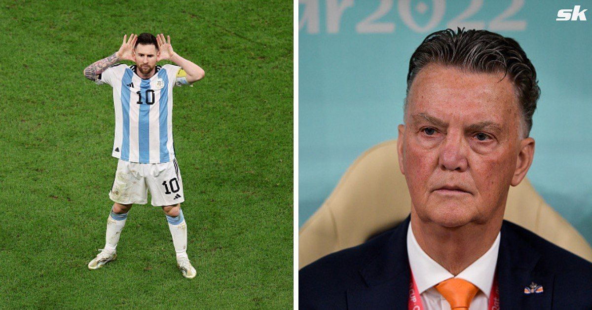 In picture: Lionel Messi celebrating (left) | Louis van Gaal looks on (right)