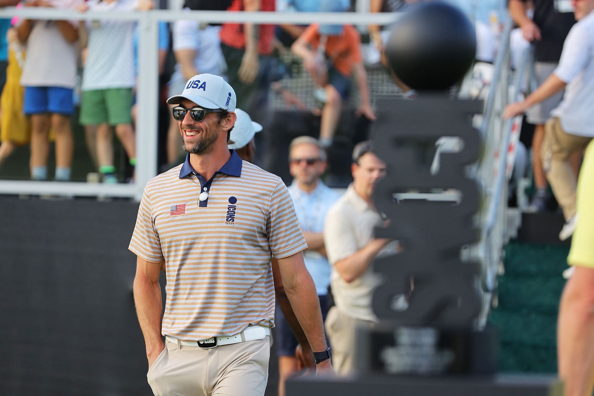 Michael Phelps celebrates after Team USA wins the 2022 ICON Series on Day Two of the at Liberty National Golf Club on July 01, 2022 in Jersey City, New Jersey.  (Photo by Mike Stobe/Getty Images)