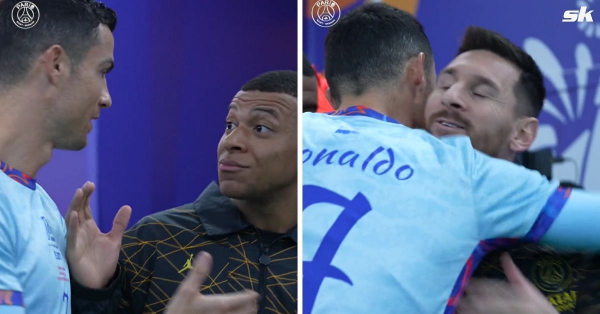 Cristiano Ronaldo meeting Kylian Mbappe and Lionel Messi prior to the PSG-Riyadh XI clash. [Credits: PSG Twitter handle)