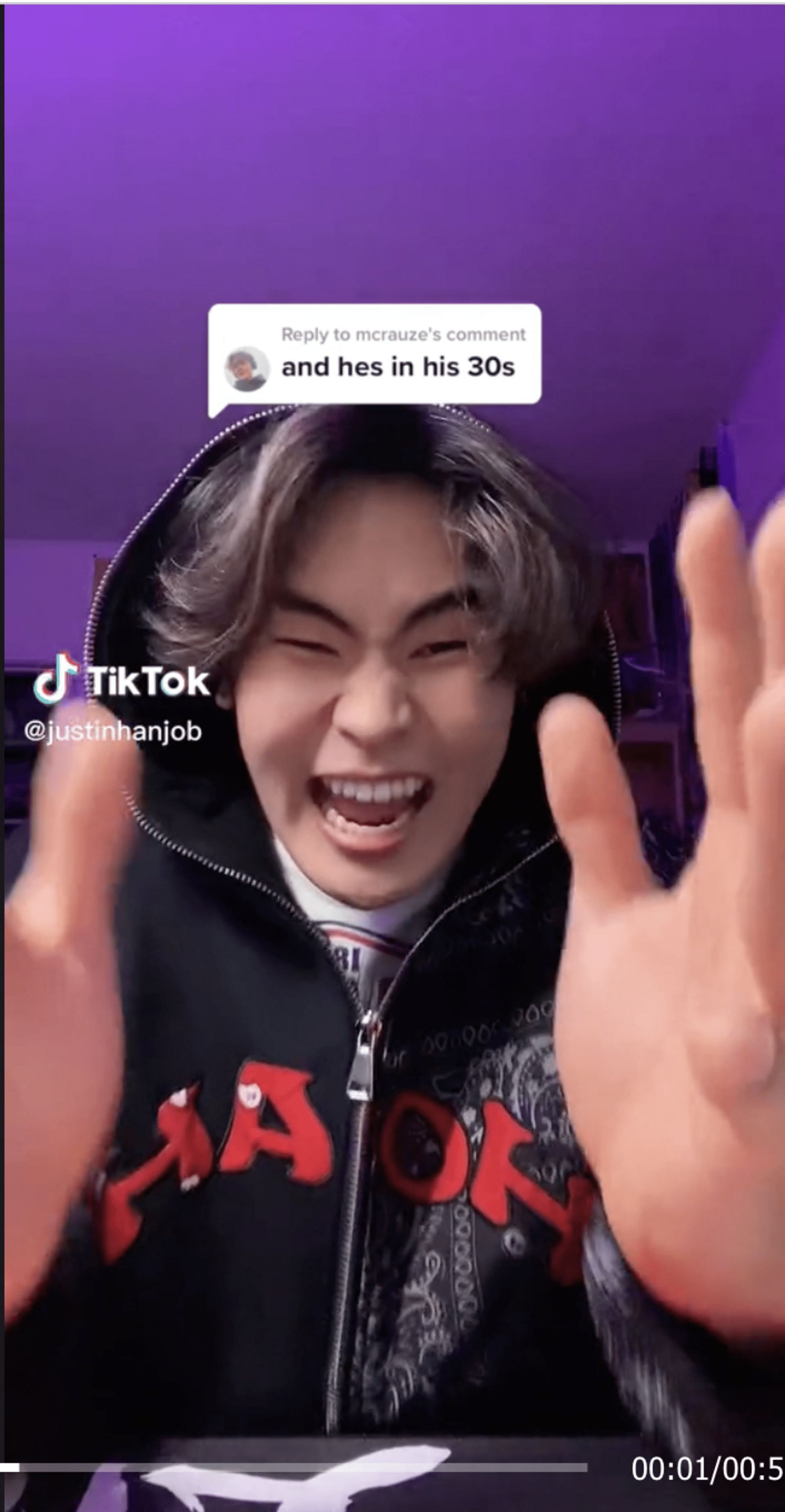 Justin Han made a video and posted on TikTok debunking the rumors about not being 30. (Image via TikTok)