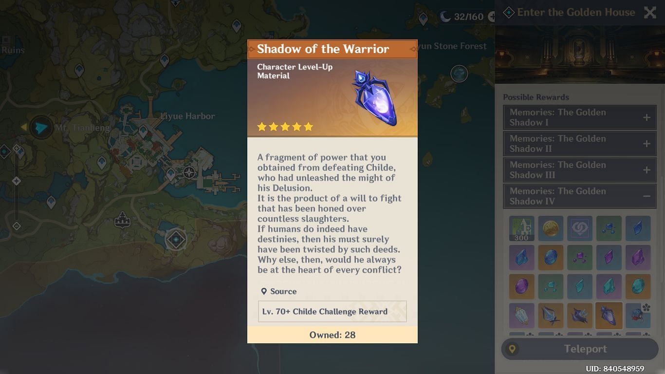 Shadow of the Warrior dropped by Tartaglia weekly boss (Image via HoYoverse)