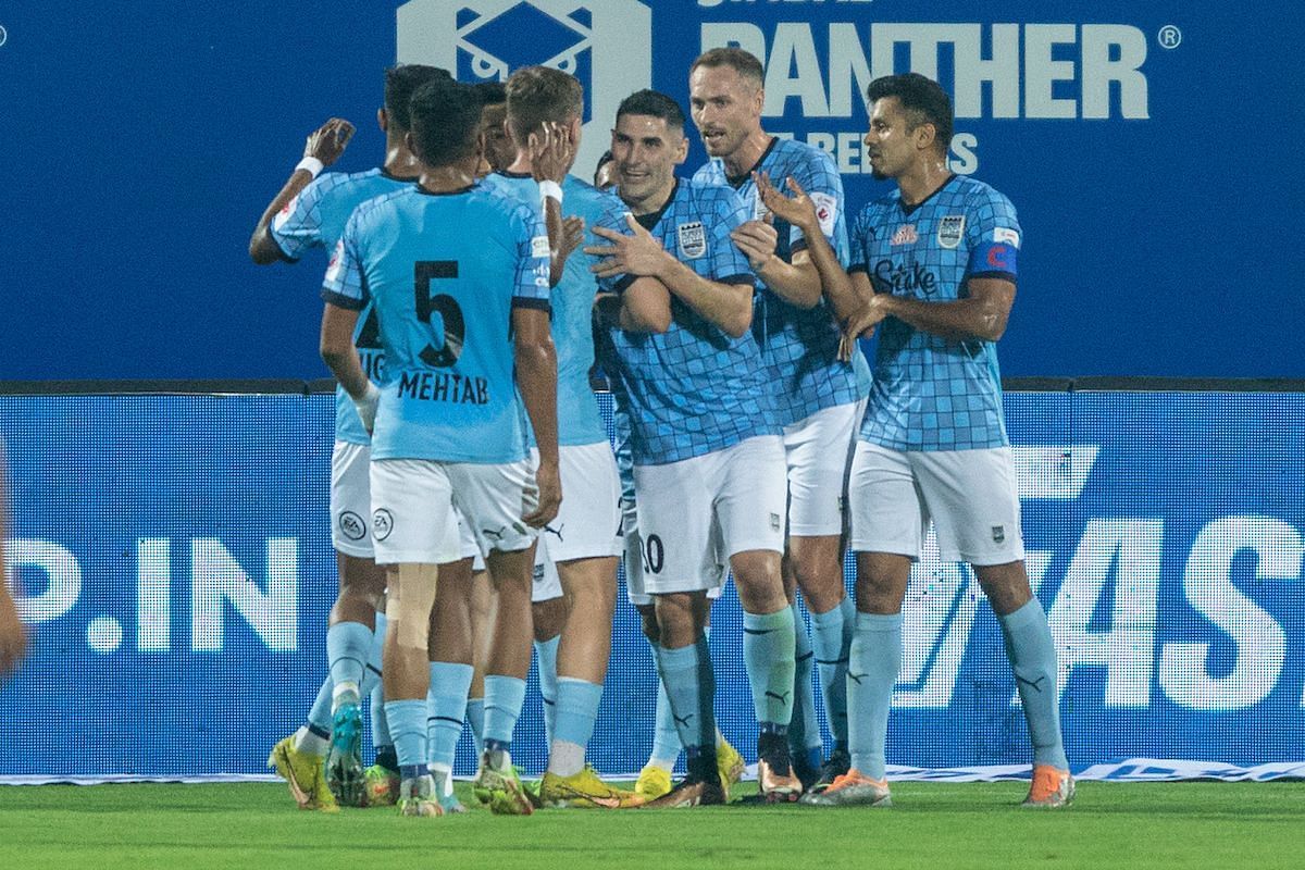 Mumbai City FC team players celebrates goal score against KBFC at the Hero Indian Super League.