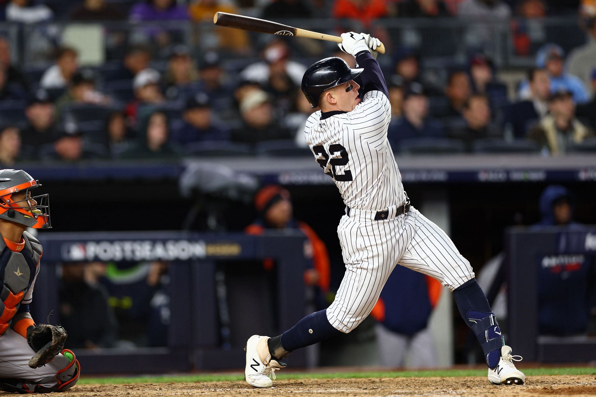 Harrison Bader of the New York Yankees hits a solo home run during the sixth inning against the Houston Astros at Yankee Stadium on October 23, 2022. (Photo by Elsa/Getty Images)