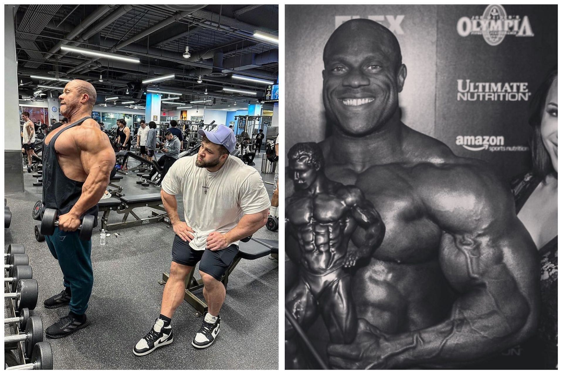 Six-time Mr. Olympia winner Phil Heath poses in the gym and with the Sandow trophy: Image via Instagram (@philheath)