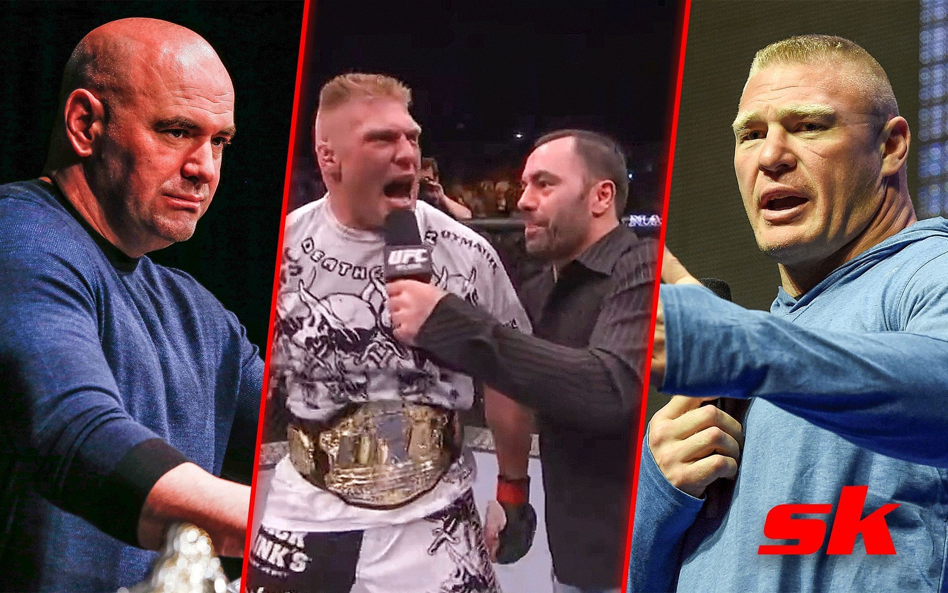 Dana White (Left), Brock Lesnar and Joe Rogan at UFC 100 (Middle), Brock Lesnar (Right) [Image courtesy: @oocmma on Twitter, Getty]