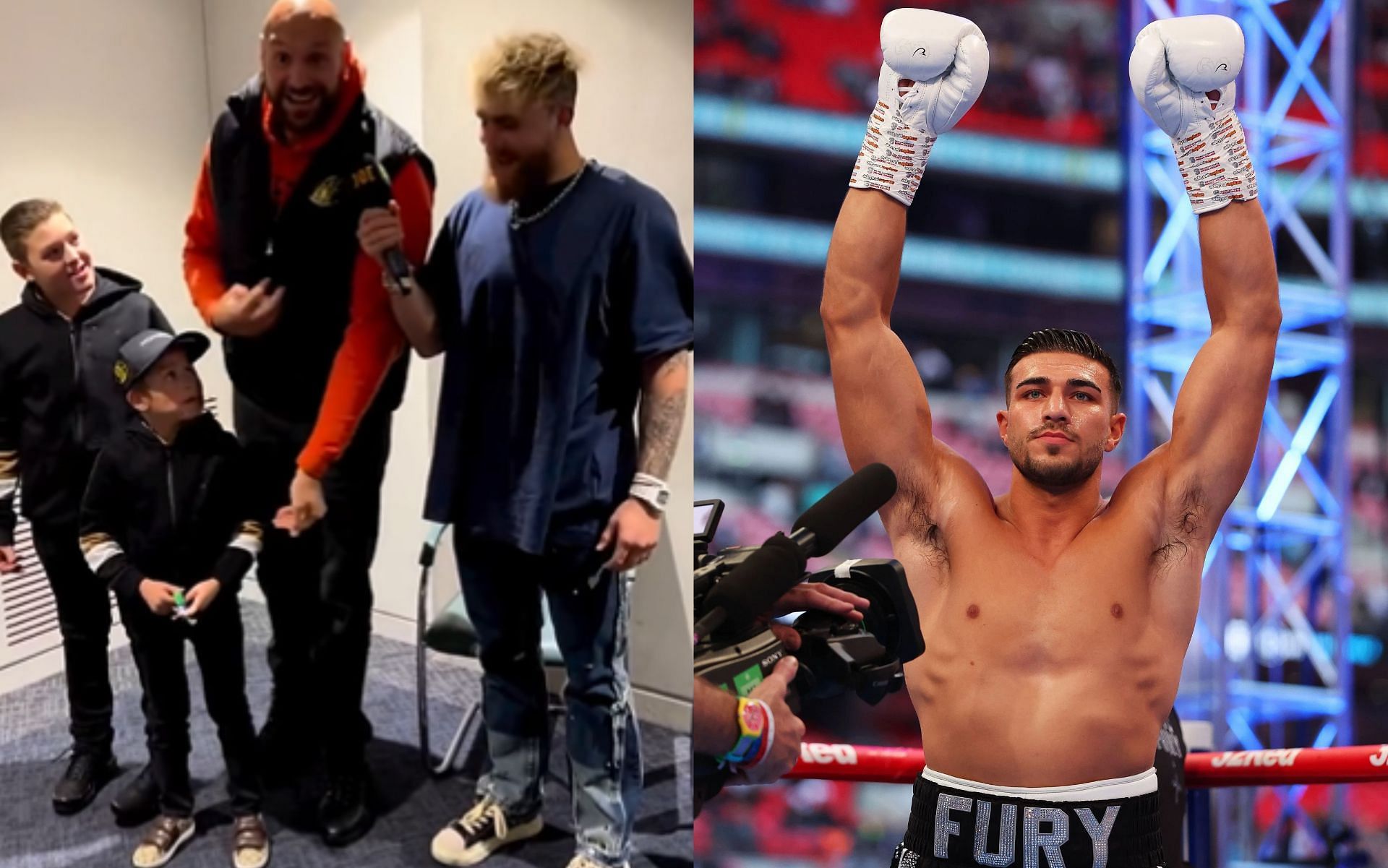 Jake Paul and Tyson Fury (L), and Tommy Fury (R).