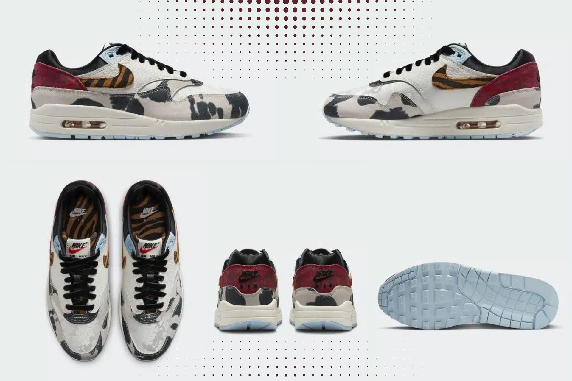 The upcoming Nike Air Max 1 &quot;Tiger Swoosh&quot; sneakers come featured with a mix of wild animal prints (Image via Sportskeeda)