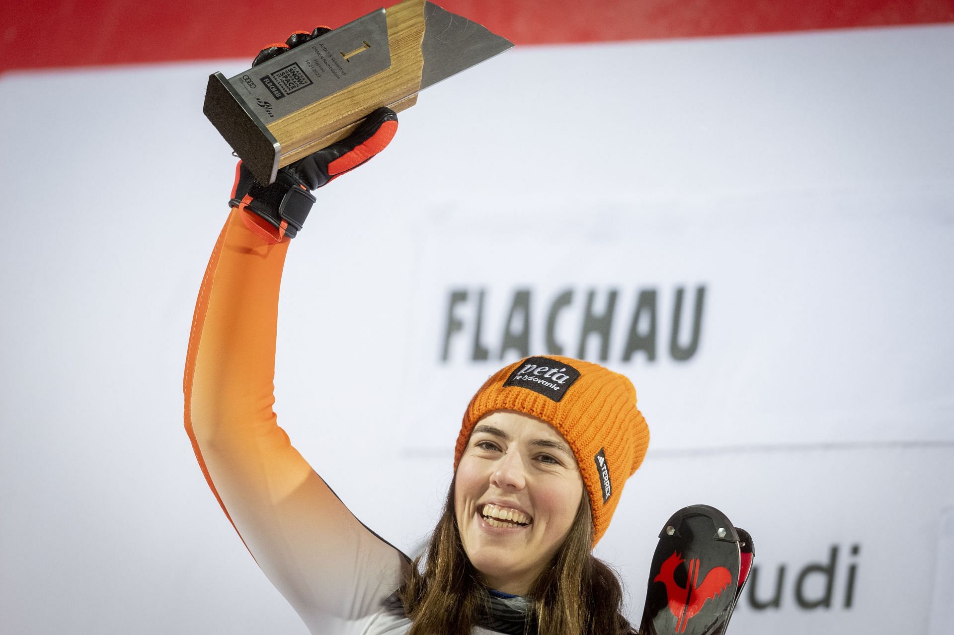 Petra Vlhova of Slovakia smiles on the podium after winning the Audi FIS Alpine Ski World Cup Women's Slalom race on January 10, 2023 in Flachau, Austria.