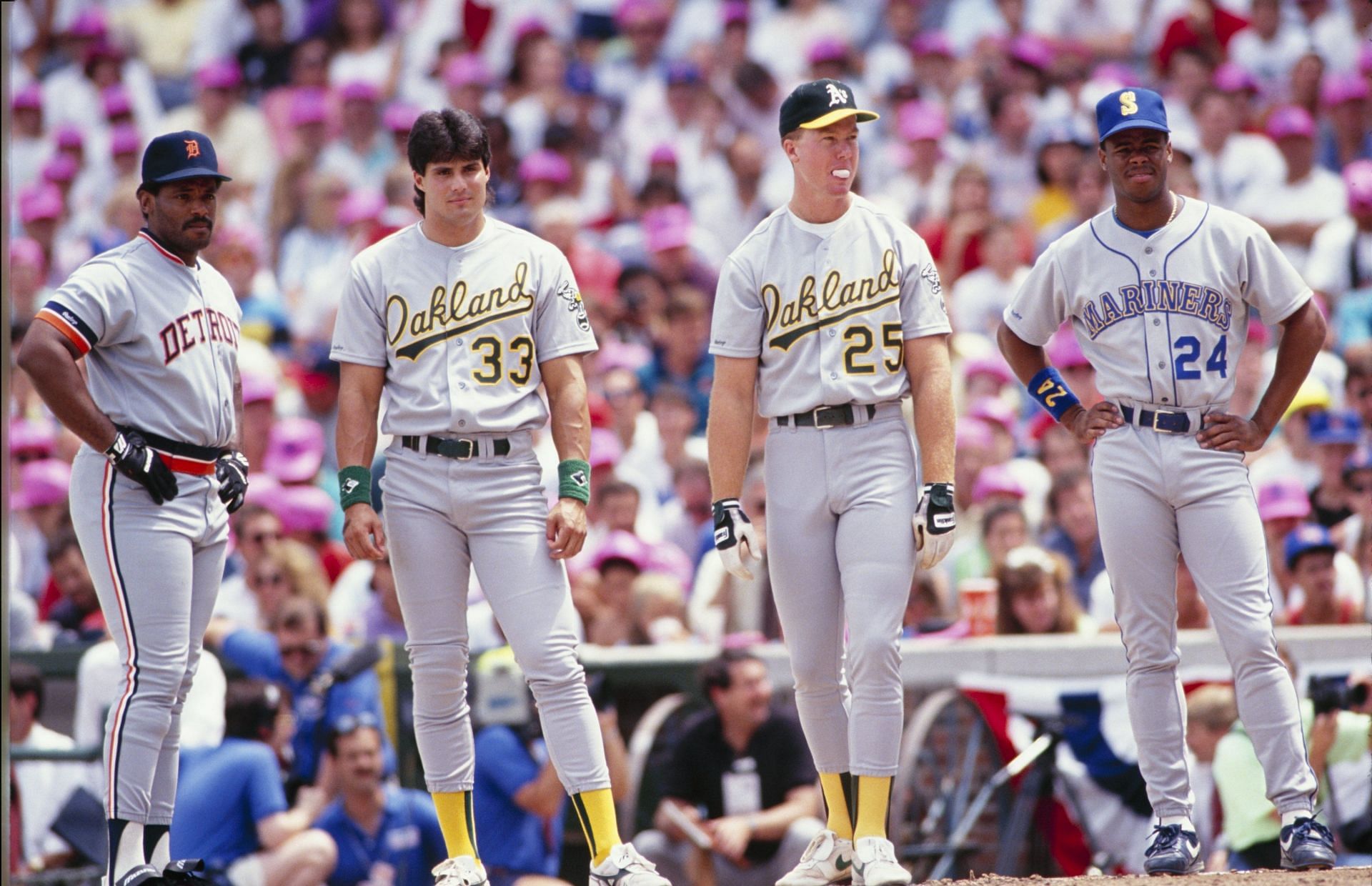 CHICAGO - JULY 1990: (L-R) Cecil Fielder #45 of the Detroit Tigers, Jose Canseco #33