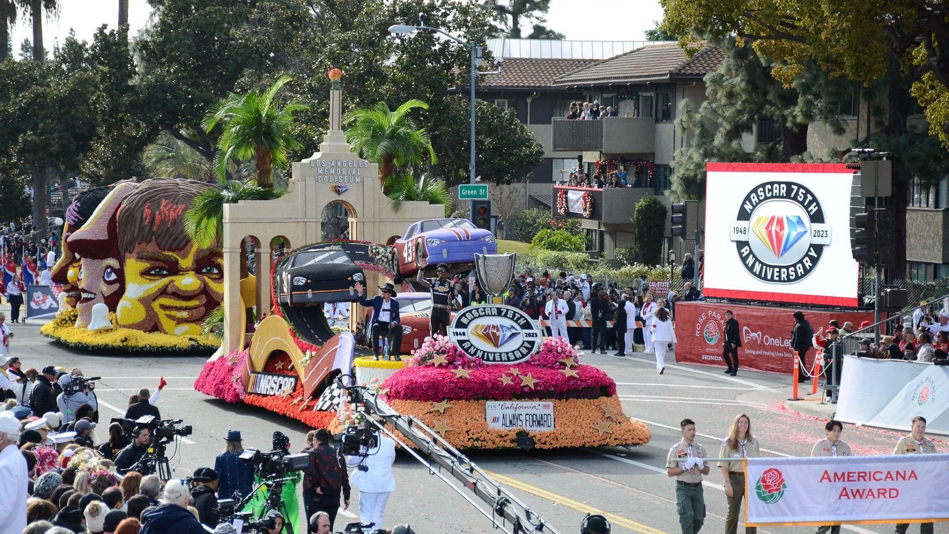 The NASCAR &quot;Always Forward&quot; float appears in the 2023 Rose Parade celebrating 75 years of the sport.