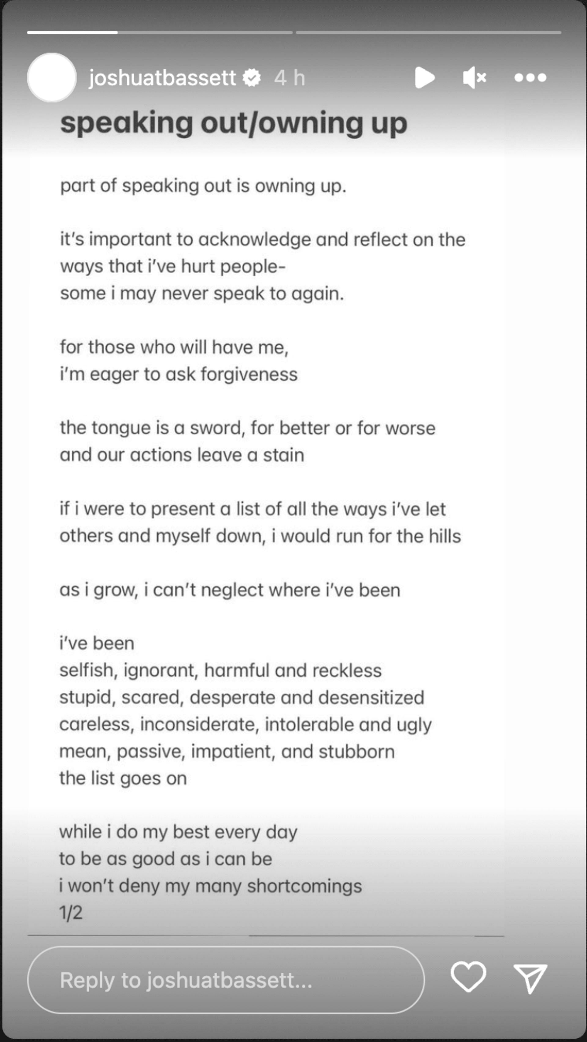 Bassett posted an Instagram story seeking forgiveness. (Image via Instagram)
