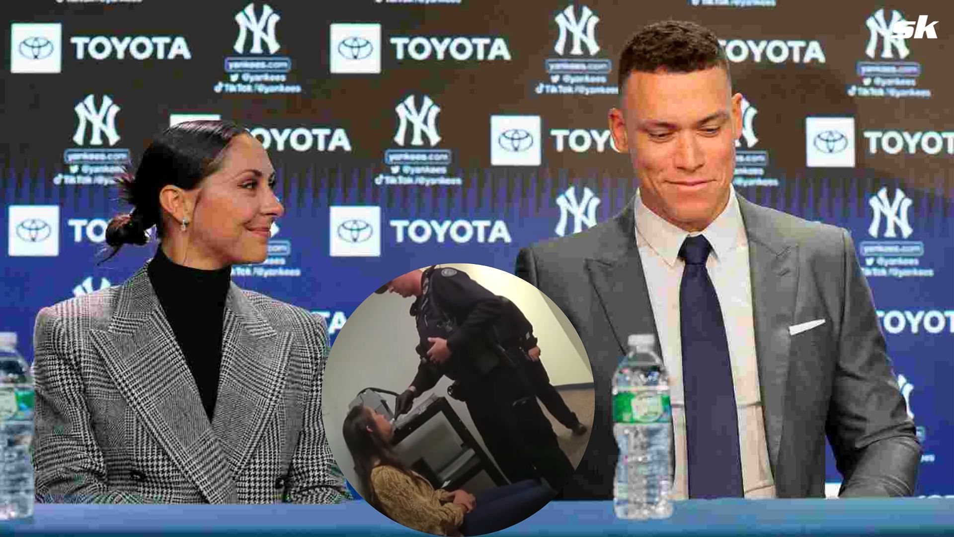 Aaron Judge with his wife, Samantha Bracksieck at New York Yankees Press Conference; Samantha after her DUI arrest in May 2020(inset)