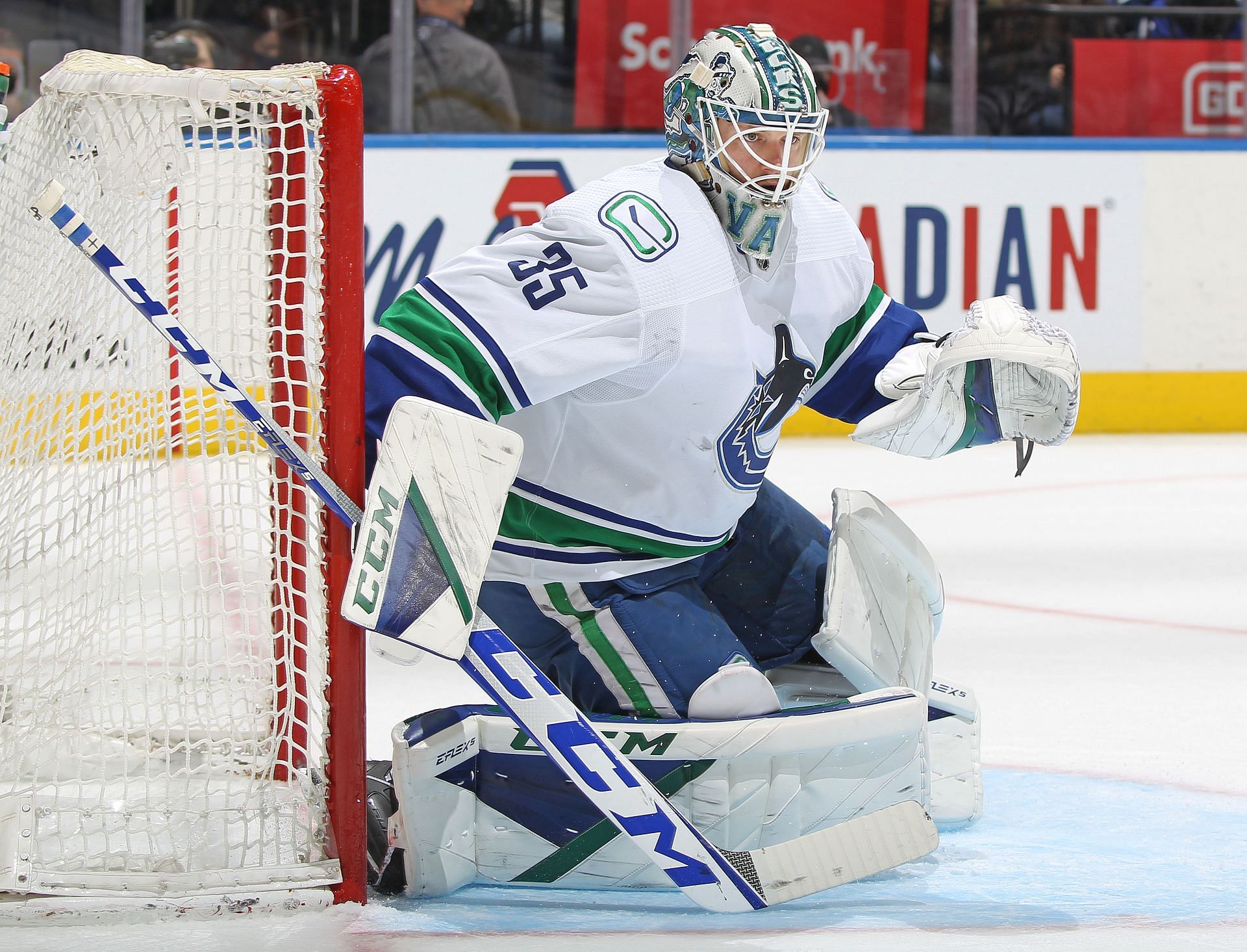 Thatcher Demko #35 of the Vancouver Canucks against the Toronto Maple Leafs (Photo by Claus Andersen/Getty Images)