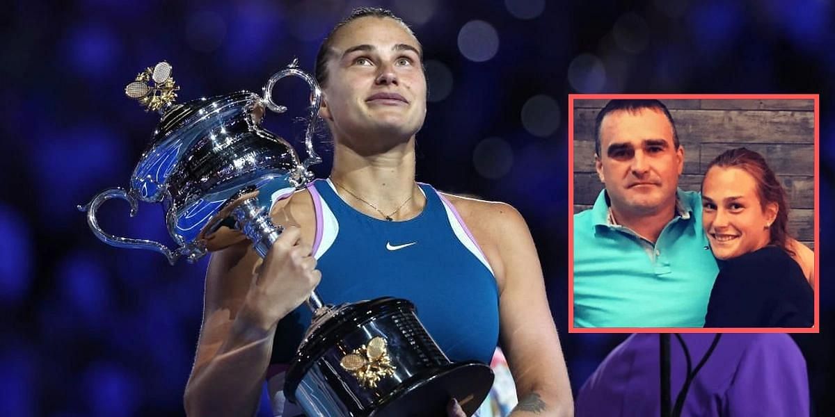 Aryna Sabalenka with the Australian Open title; Sabalenka and her father (inset)