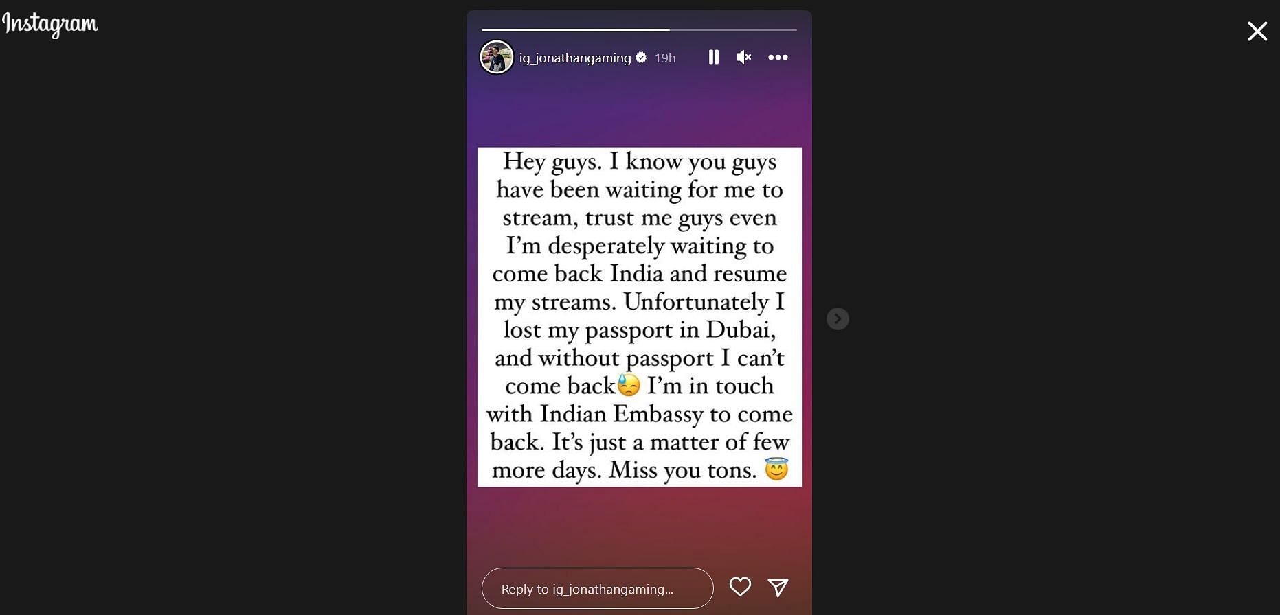 A screengrab of BGMI star&#039;s story (Image via Instagram/ig_jonathangaming)