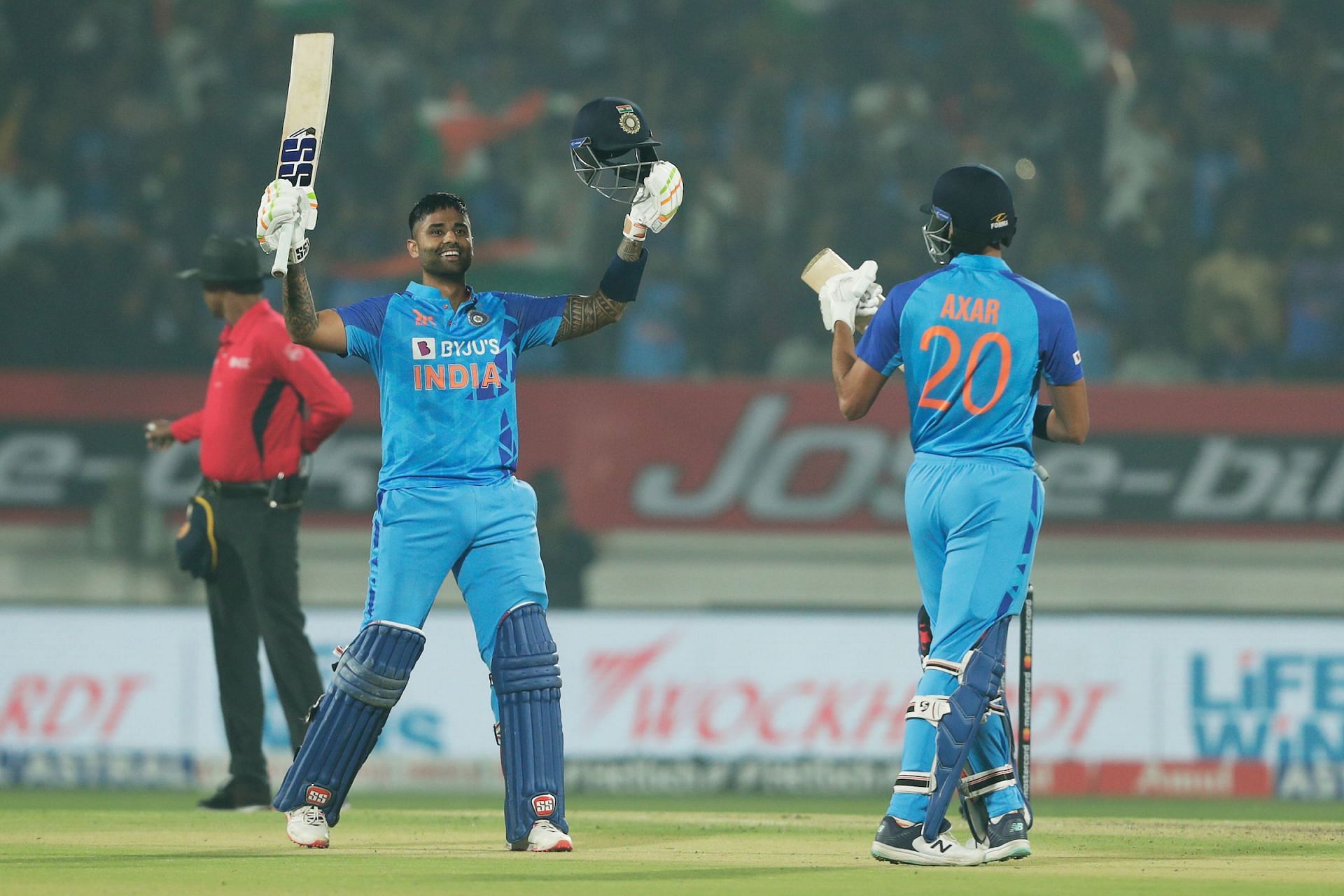 Suryakumar Yadav raises his bat after his third T20I hundred. (Image Credits: Twitter)