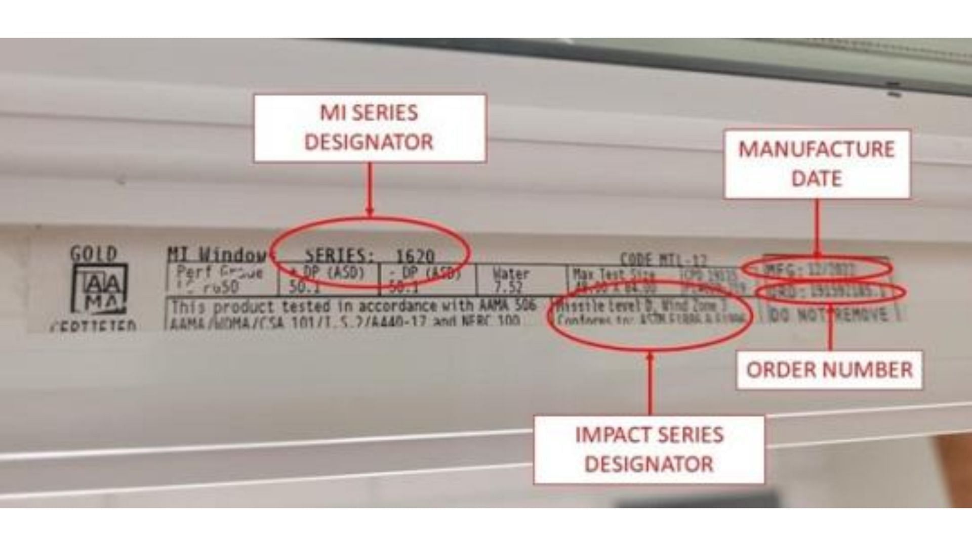 Recalled MI Windows and Doors label with the manufacturer&#039;s name and manufacturing details (Image via CPSC)