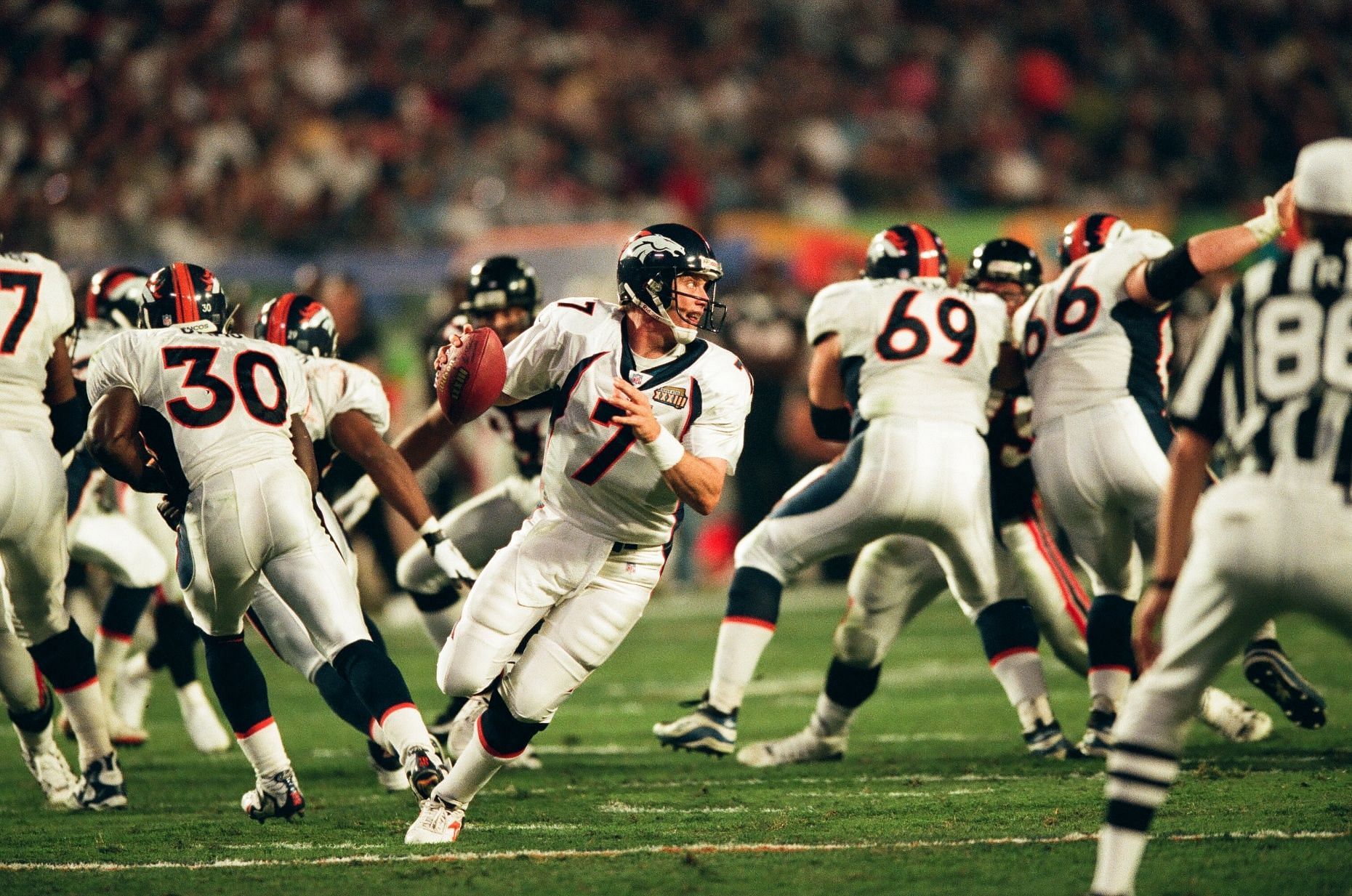 Super Bowl XXXIII on Jan. 31, 1999, where the Denver Broncos faced the Atlanta Falcons in Miami, Florida