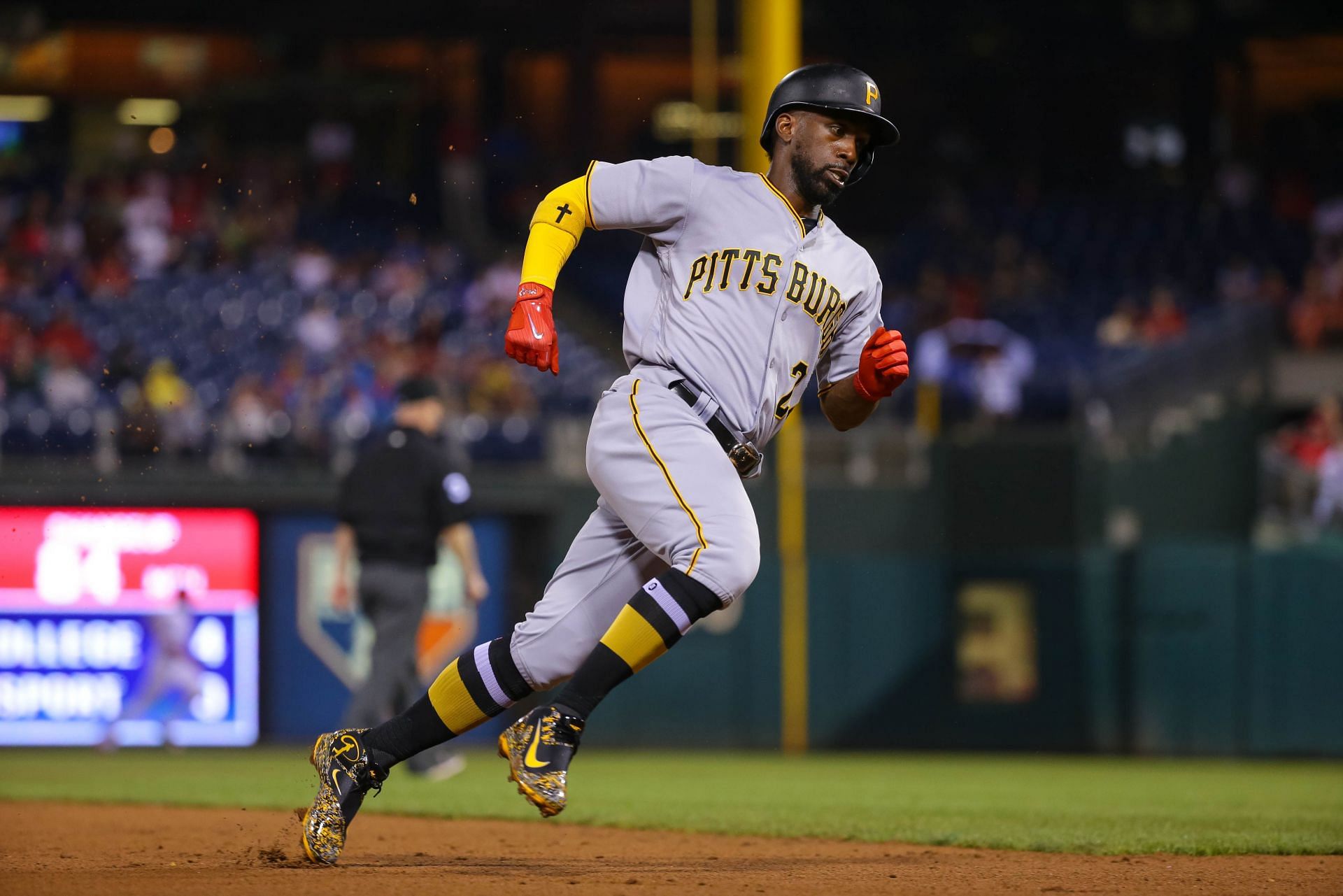 Andrew McCutchen of the Pittsburgh Pirates reacts as he rounds the