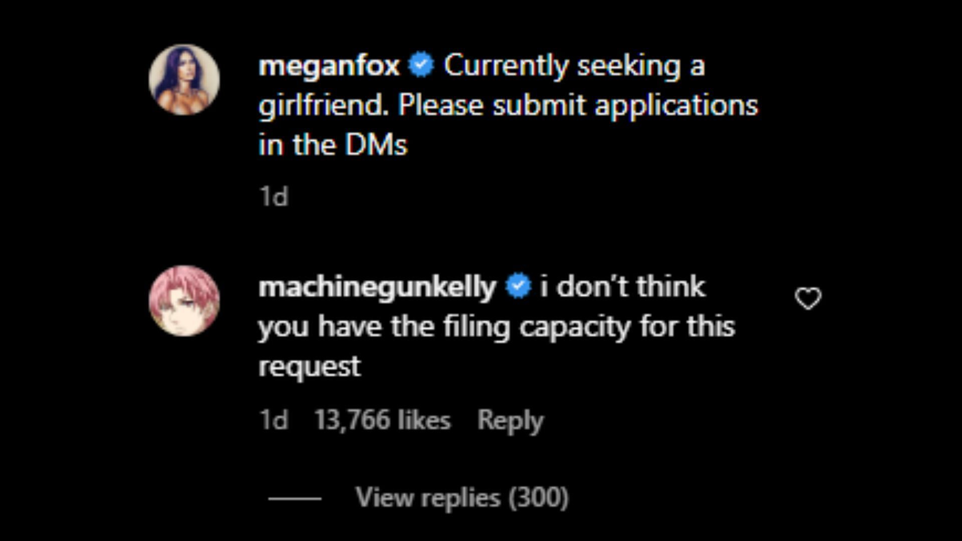 Machine Gun Kelly&#039;s response to Fox&#039;s post (Image via Instagram/Meganfox)
