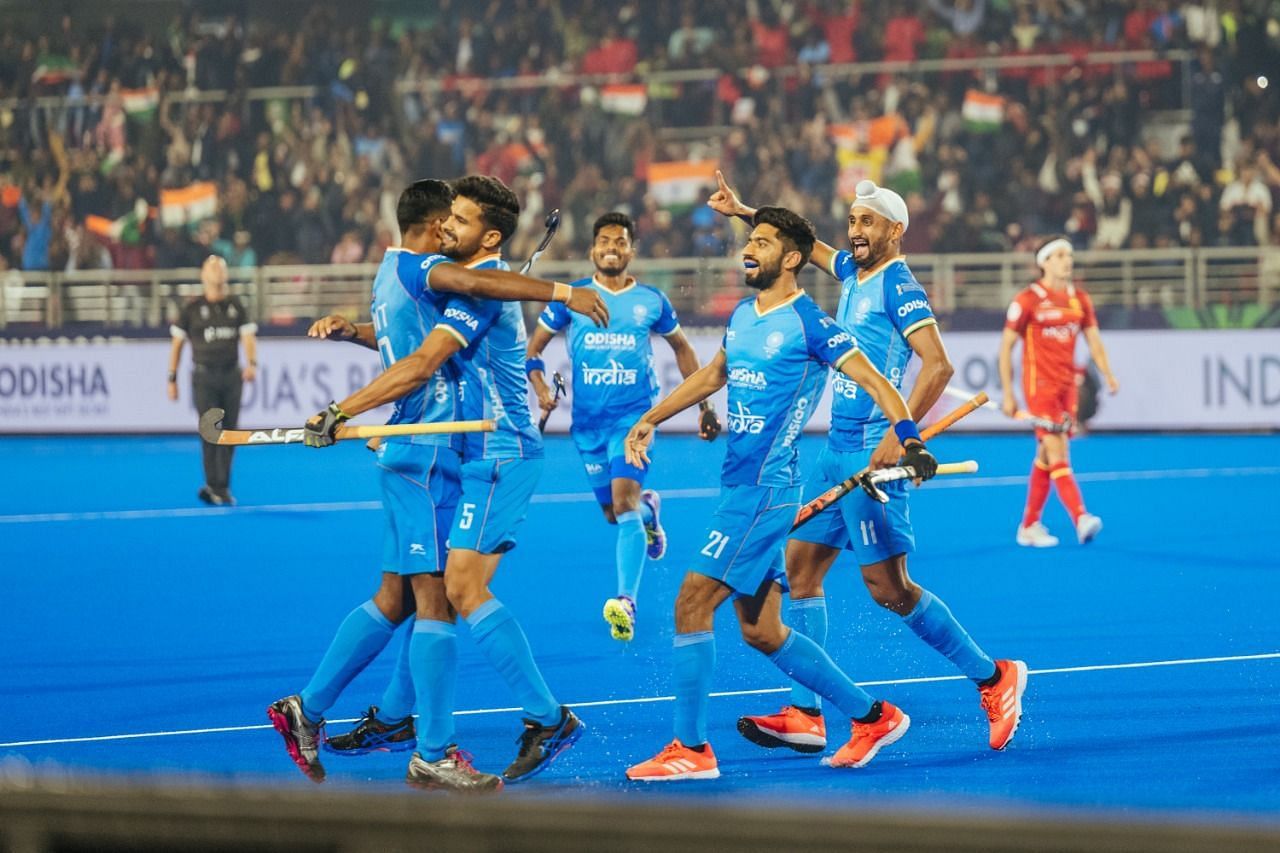 Team India celebrating their win against Spain (Image Courtesy: Twitter/Hockey India)