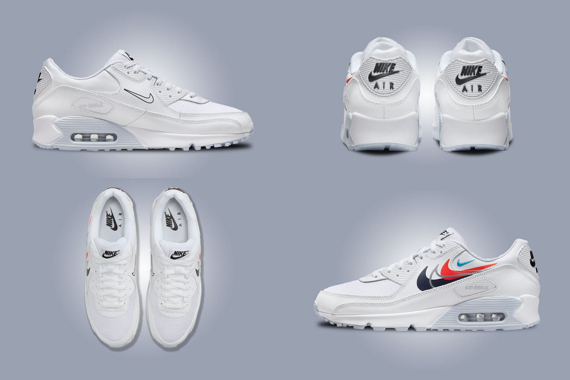 The upcoming Nike Air Max 90 &quot;Quadruple Swoosh White&quot; sneakers, which are being revealed after Air Force 1 and Air Max Plus 3 themed makeovers (Image via Sportskeeda)