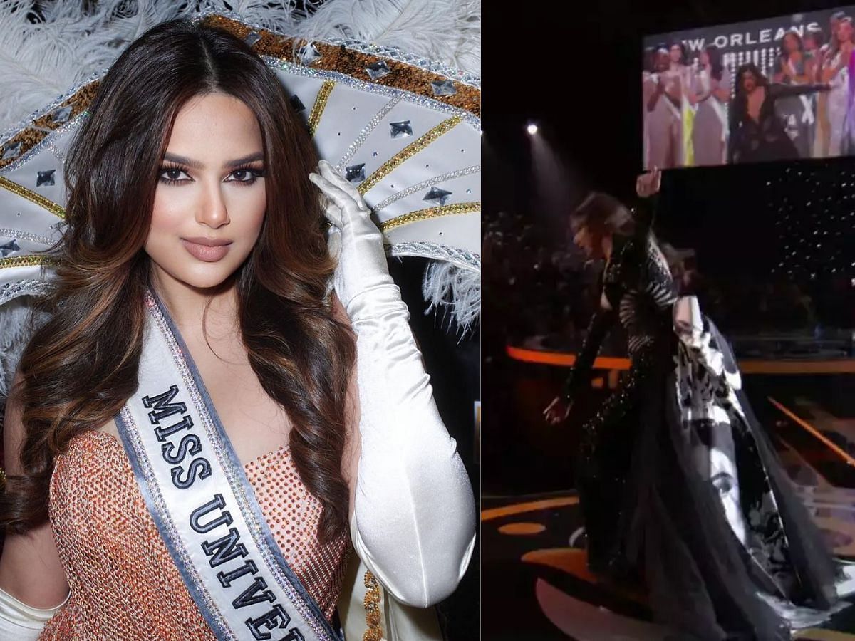 Miss Universe 2021 Harnaaz Sandhu manages to handle an awkward situation very gracefully (Images via ROKU TV and harnaazsandhu_03/ Instagram)