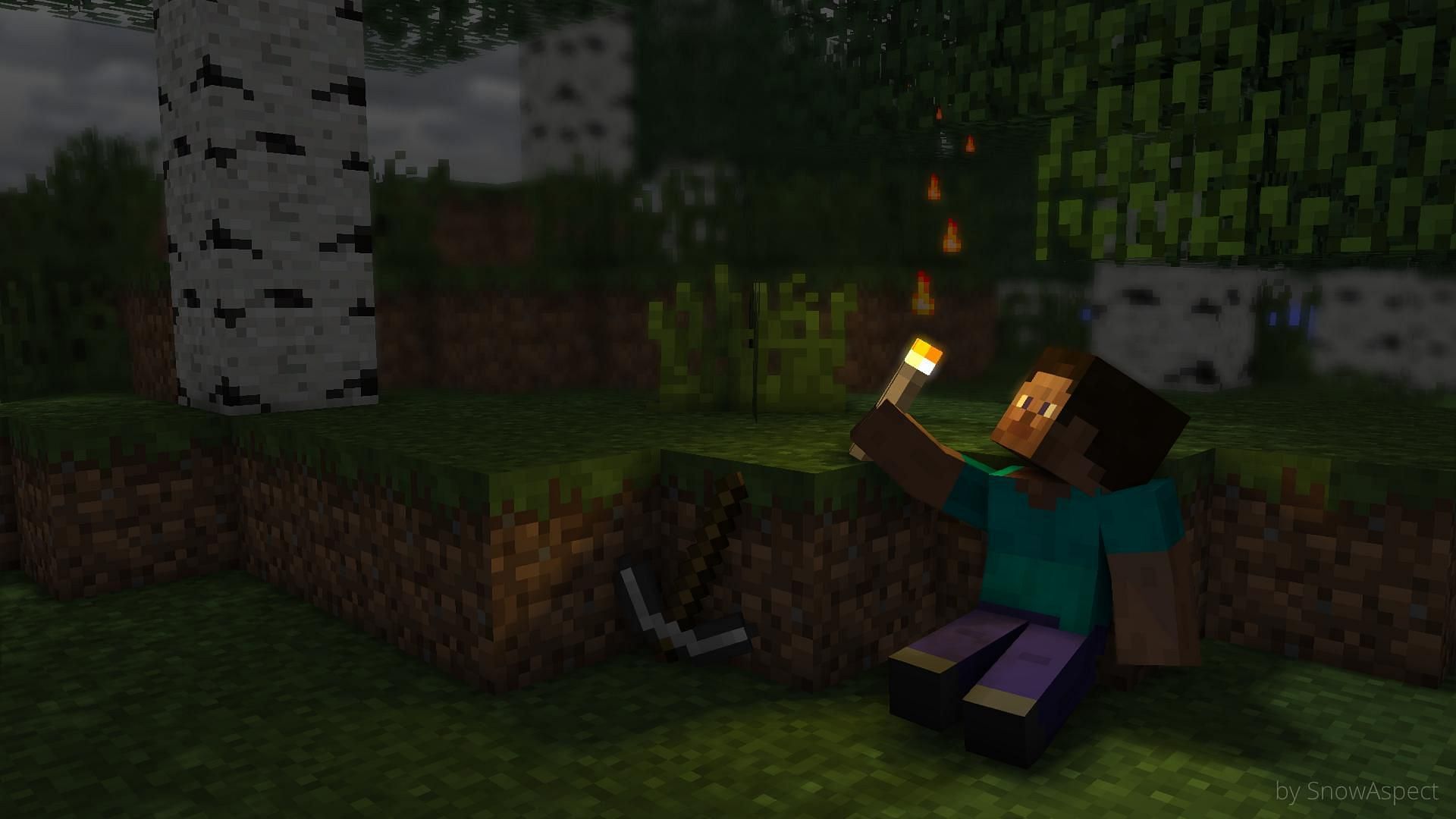 Without mods or add-ons, torches offer no light when held in Minecraft (Image via Mojang)