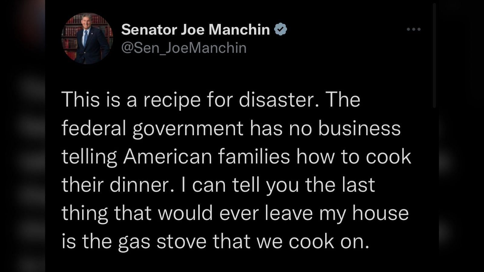 Screenshot of Senator Joe Manchin&#039;s tweet criticizing the potential ban on gas stoves.