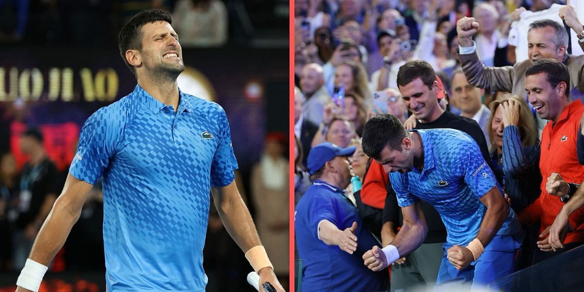 An emotional Novak Djokovic celebrates after winning the 2023 Australian Open title.