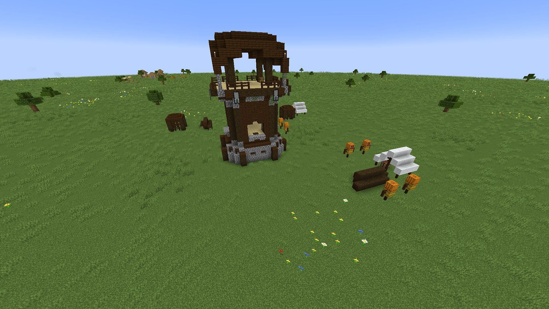 Pillager Outposts can also occasionally spawn iron golems in dark oak cages in Minecraft Bedrock (Image via Mojang)