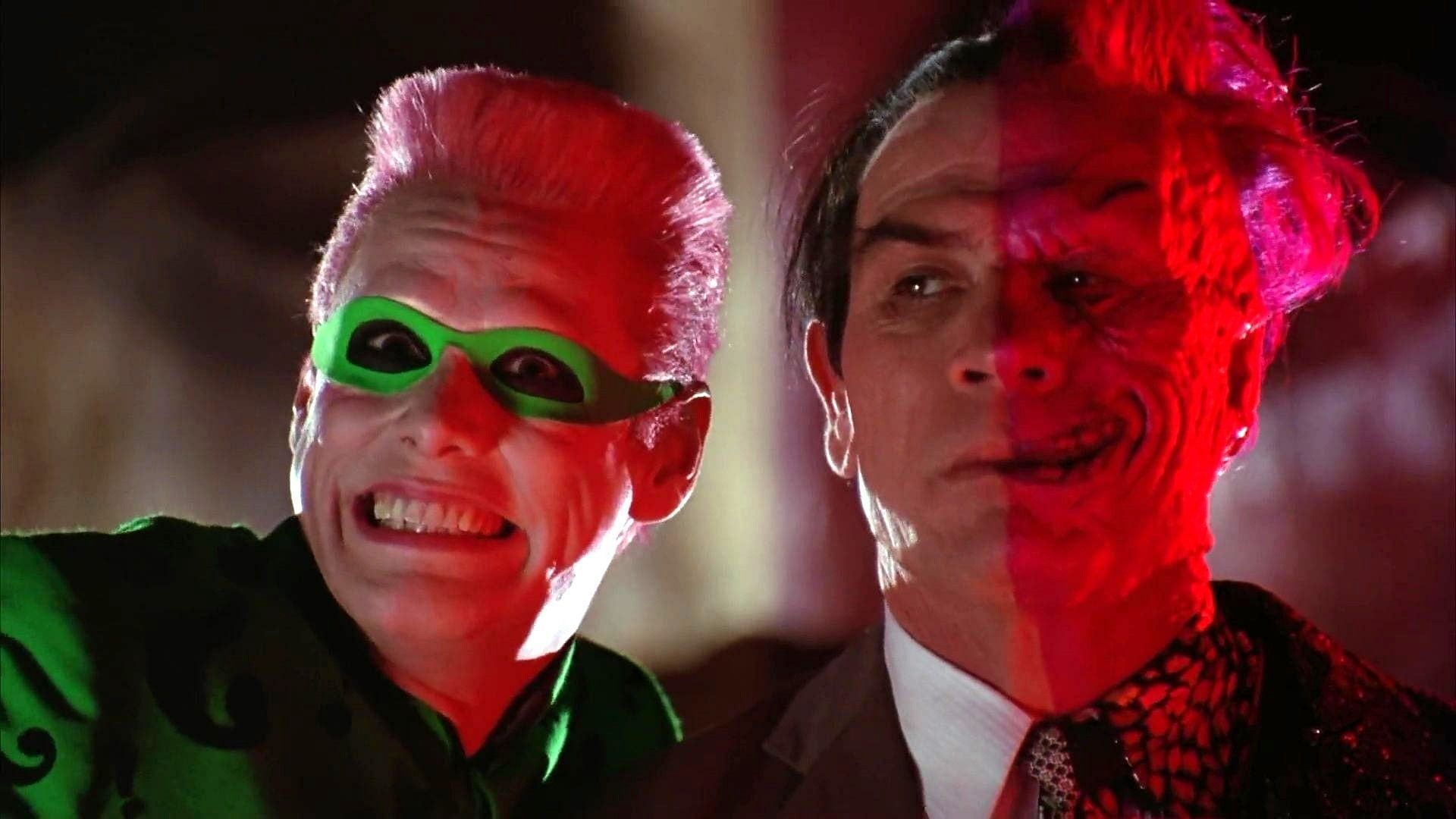 Jim Carrey as Riddler and Tommy Lee Jones as Two-Face (Image via WB Pictures/DC)