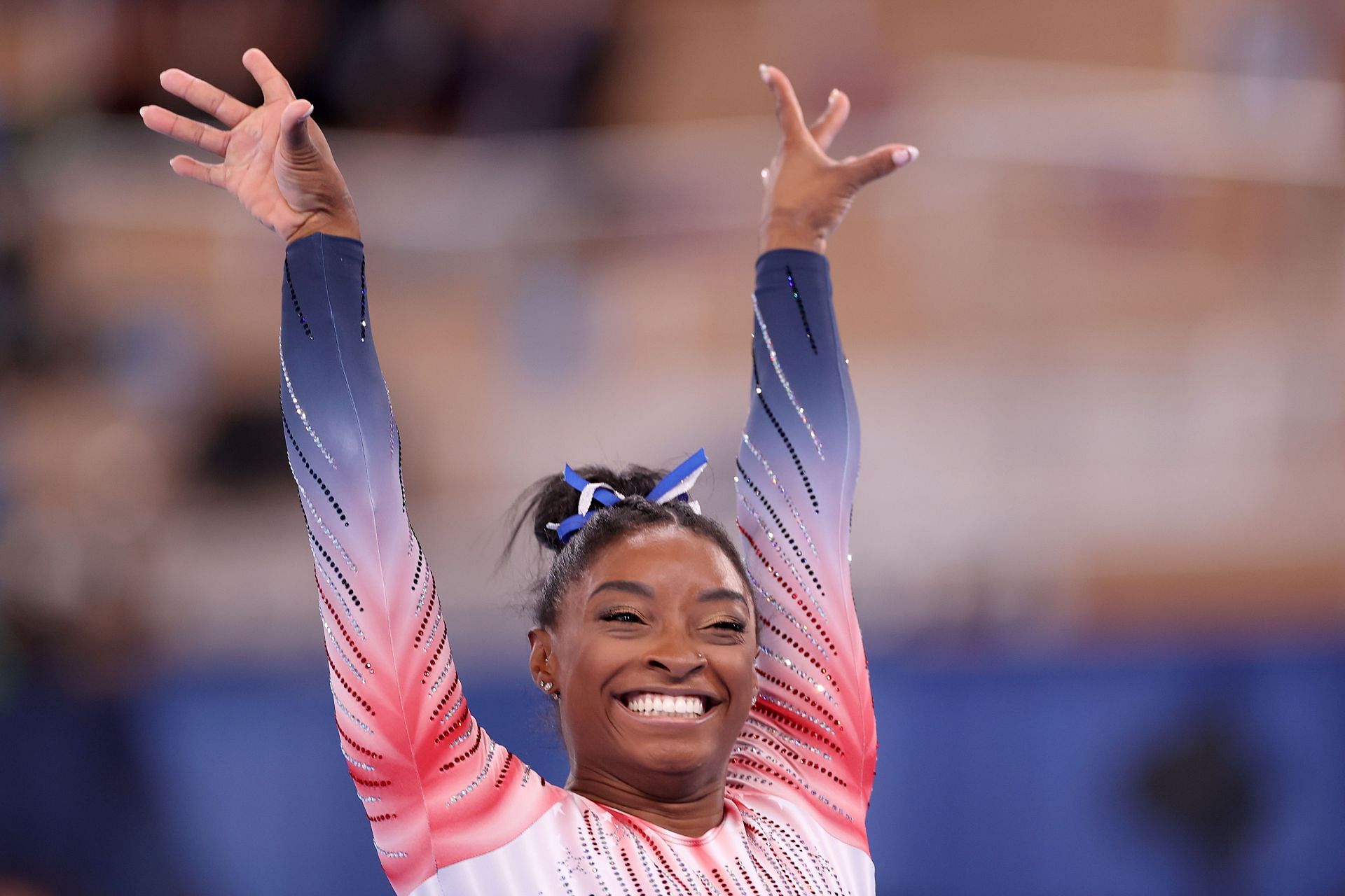 Simone Biles of Team United States reacts during the Women's Balance Beam Final on day eleven of the Tokyo 2020 Olympic Games