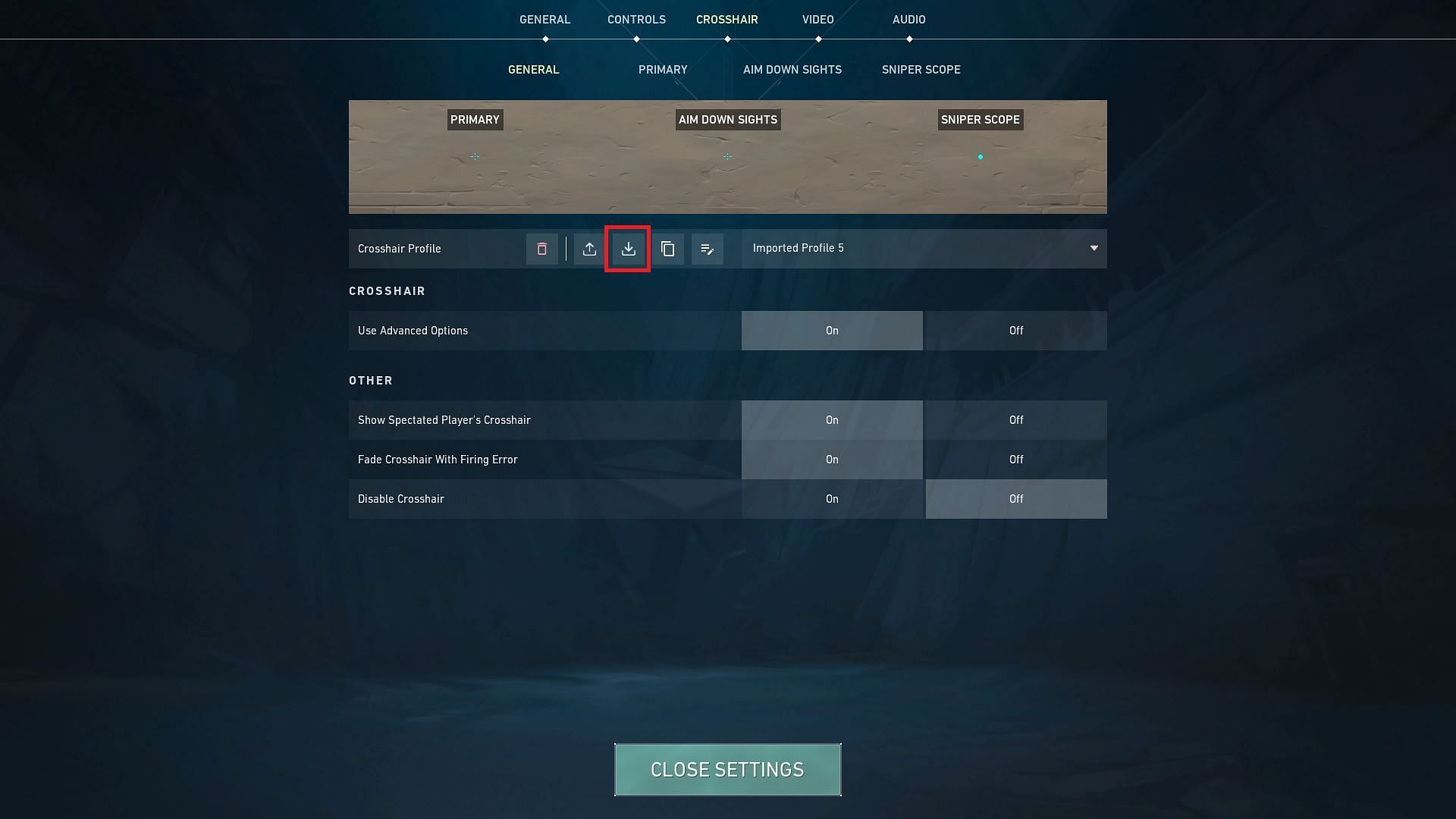 Crosshair import option in Valorant (Image via Riot Games)