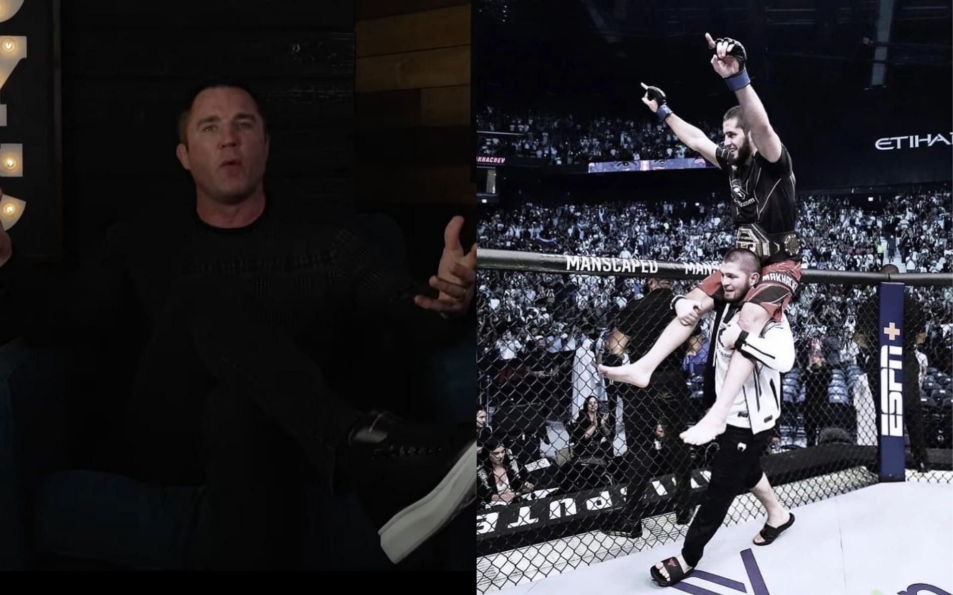 Chael Sonnen [Left] Khabib Nurmagomedov and Islam Makhachev at UFC 280 [Right] [Images courtesy: Chael Sonnen (YouTube) and @TeamKhabib (Twitter)]